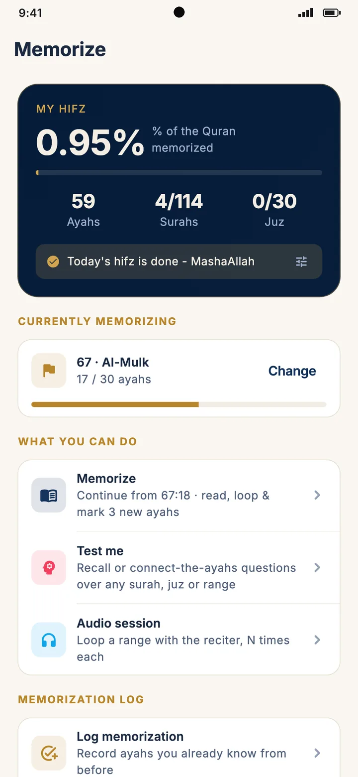 Meem's memorization screen with hifz progress