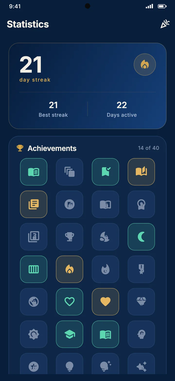 Meem statistics with a 21 day streak and achievements